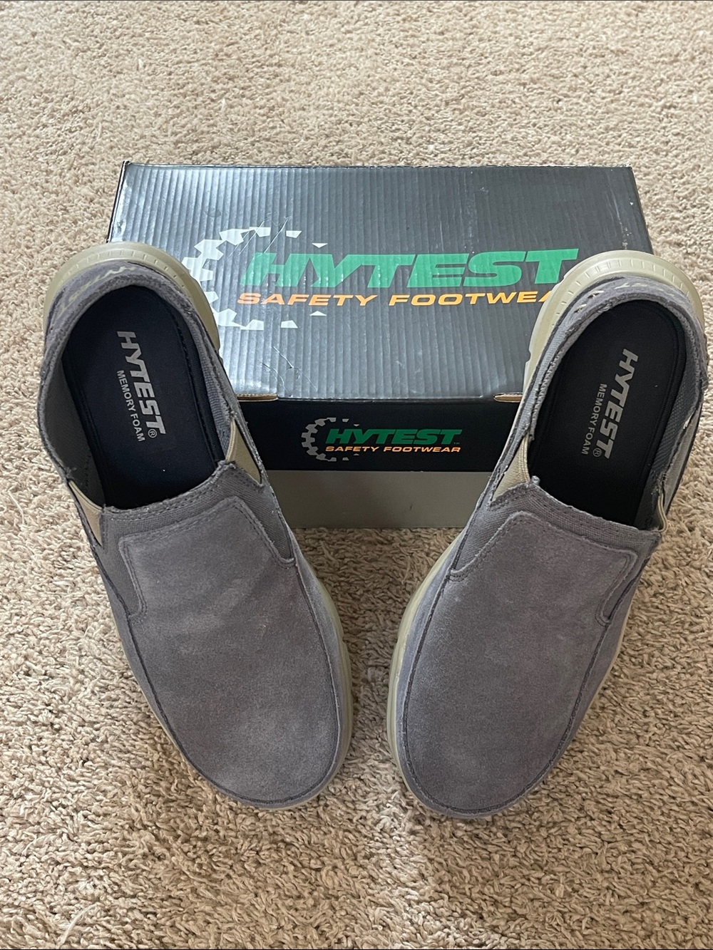 HYTEST Safety Footwear Men’s slip on steel toe memory foam shoes 8.5 pewter NIB
